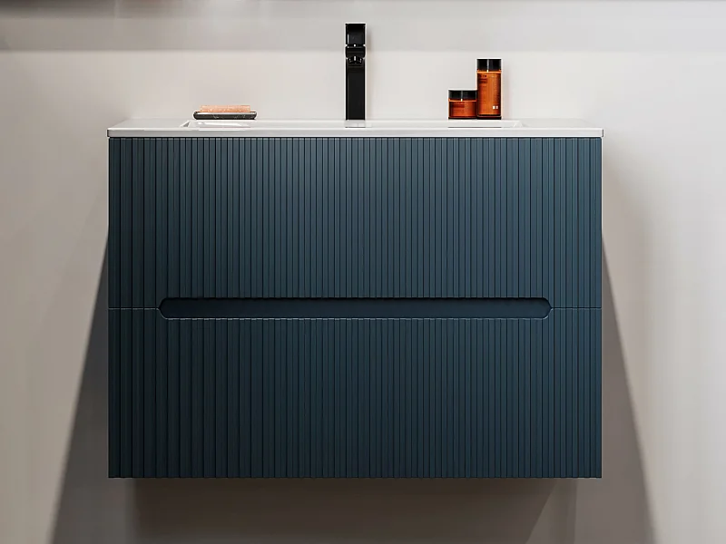 Meuble de salle de bain suspendu avec vasque à encastrer - Strié bleu - 80 cm - PAVANI