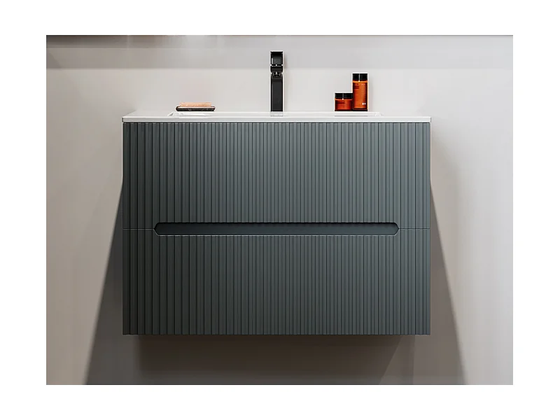 Mueble de baño flotante con lavabo integrado - Estrías gris - 80 cm - PAVANI