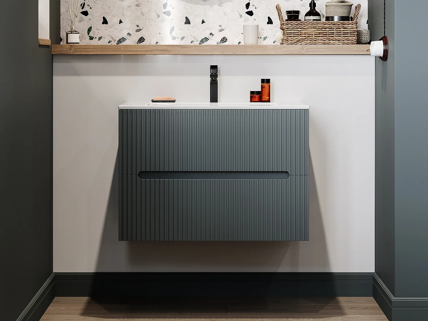 Hangend badkamermeubel met inbouwwastafel - Grijs geribbeld - 80 cm - PAVANI