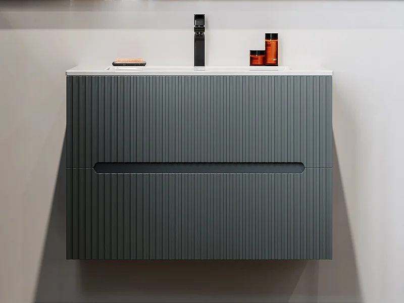 Meuble de salle de bain suspendu avec vasque à encastrer - Strié gris - 80 cm - PAVANI