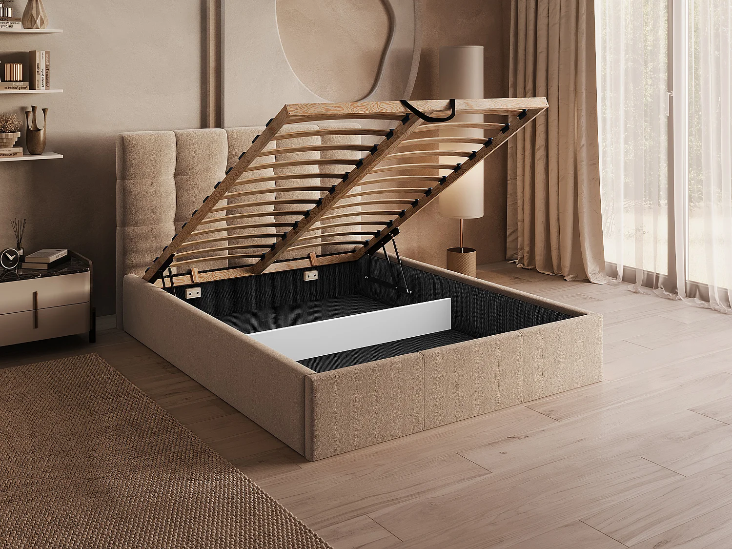 Lit coffre 140 x 190 cm - Velours - Beige - MIRDAL de Pascal Morabito