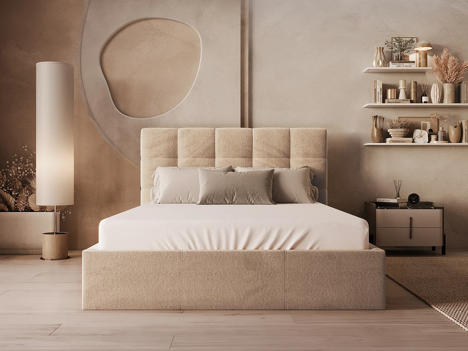 Lit coffre 140 x 190 cm - Velours - Beige - MIRDAL de Pascal Morabito