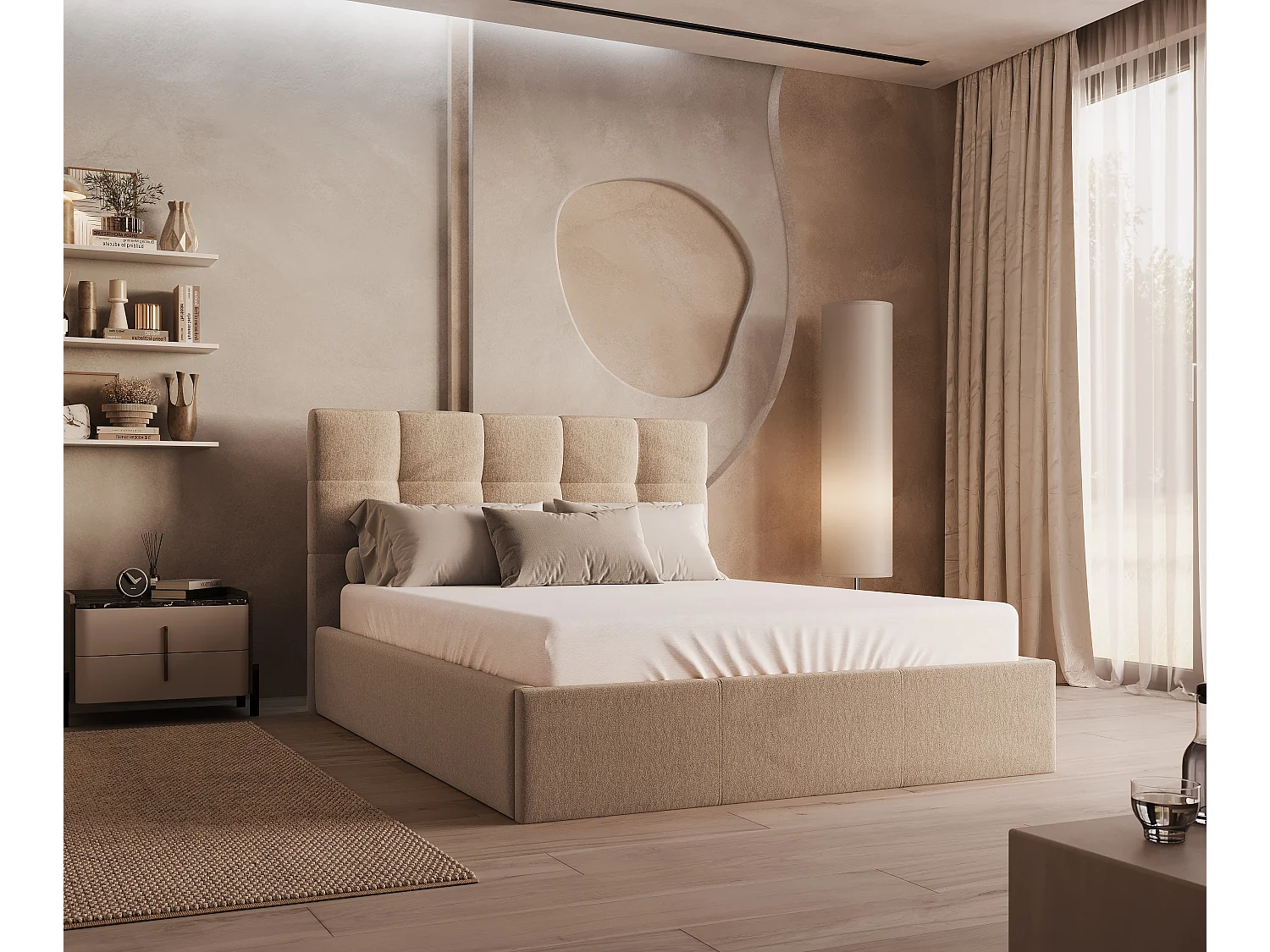 Lit coffre 160 x 200 cm  - Velours - Beige - MIRDAL de Pascal Morabito