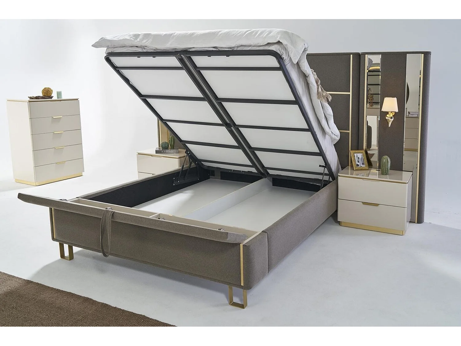 Taupe Polster Betten Doppelbett Holz Schlafzimmer Möbel Hotel Polster 180x200