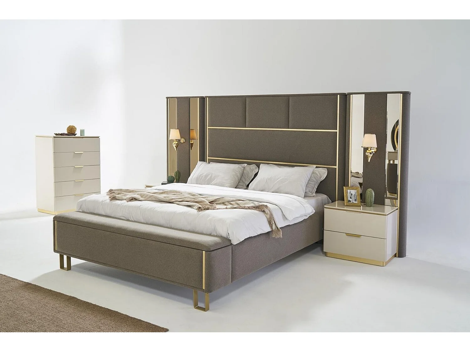 Taupe Polster Betten Doppelbett Holz Schlafzimmer Möbel Hotel Polster 180x200