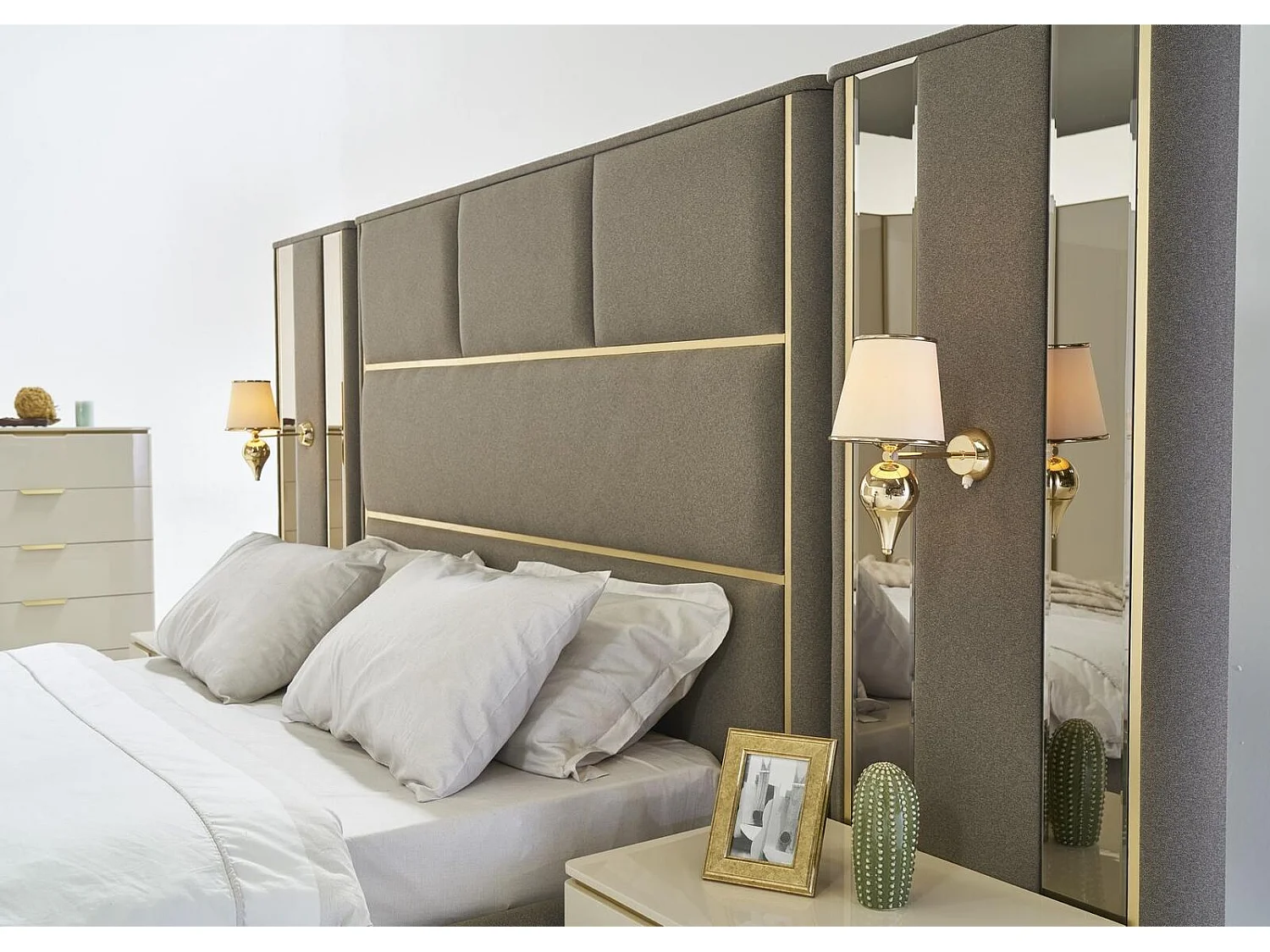 Taupe Polster Betten Doppelbett Holz Schlafzimmer Möbel Hotel Polster 180x200