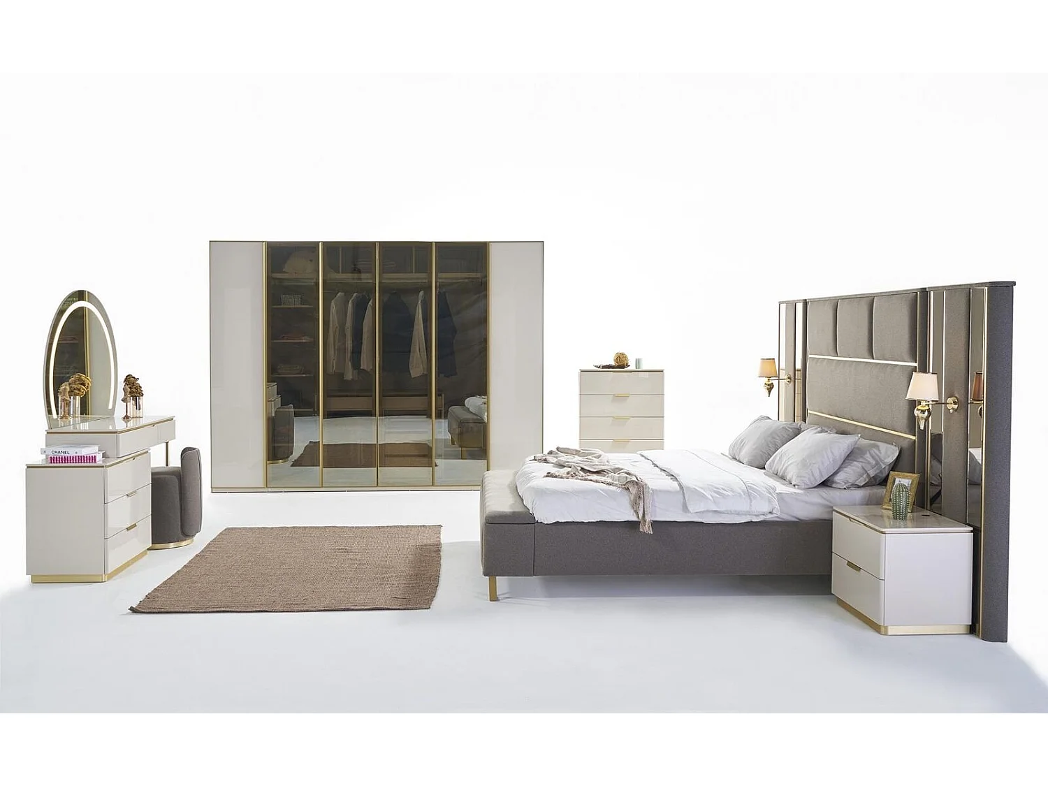 Taupe Polster Betten Doppelbett Holz Schlafzimmer Möbel Hotel Polster 180x200