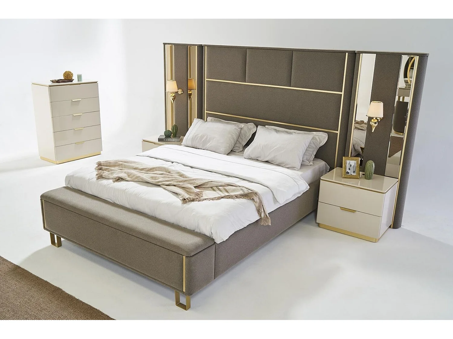 Taupe Polster Betten Doppelbett Holz Schlafzimmer Möbel Hotel Polster 180x200