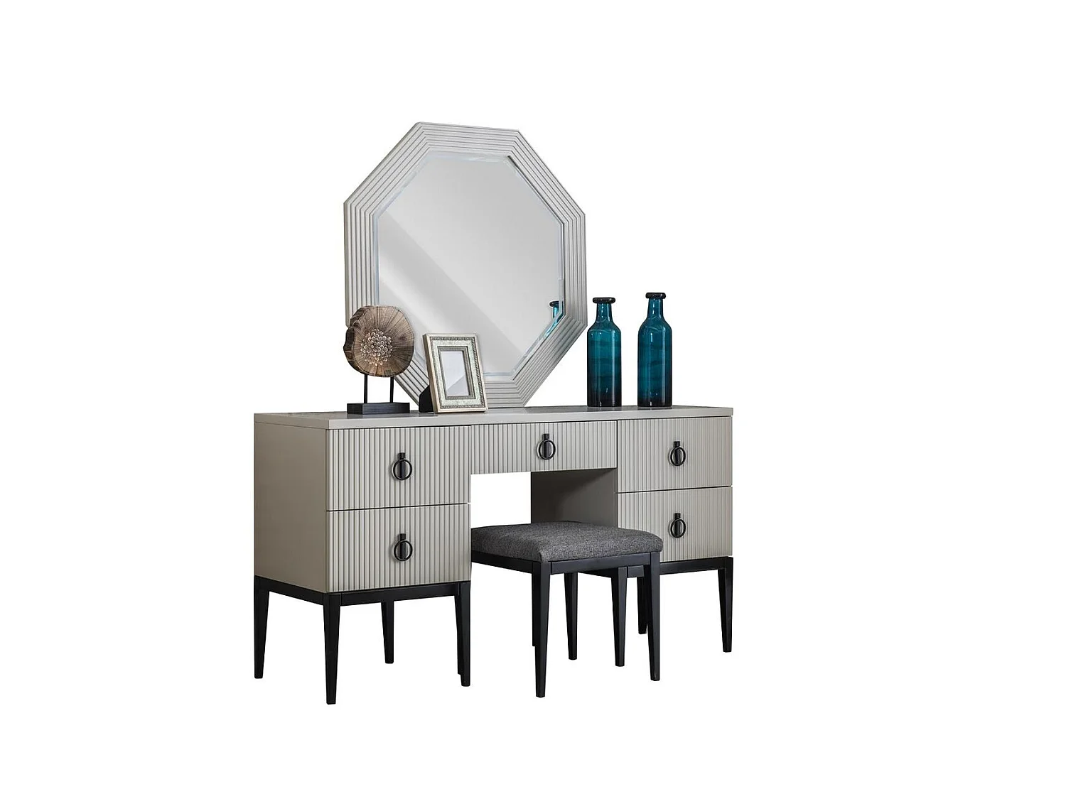 Schminktisch mit Spiegel Grauer Schlafzimmer JV Möbel Design Konsol Hocker Neu