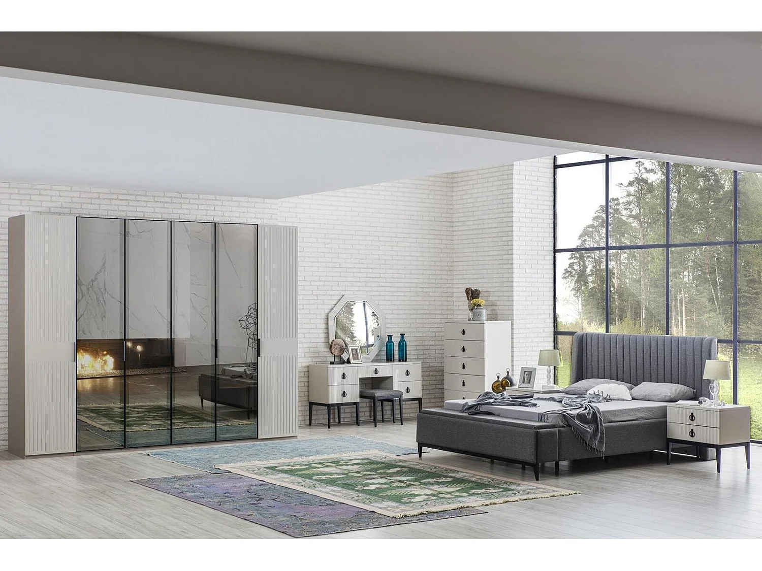 Schminktisch mit Spiegel Grauer Schlafzimmer JV Möbel Design Konsol Hocker Neu