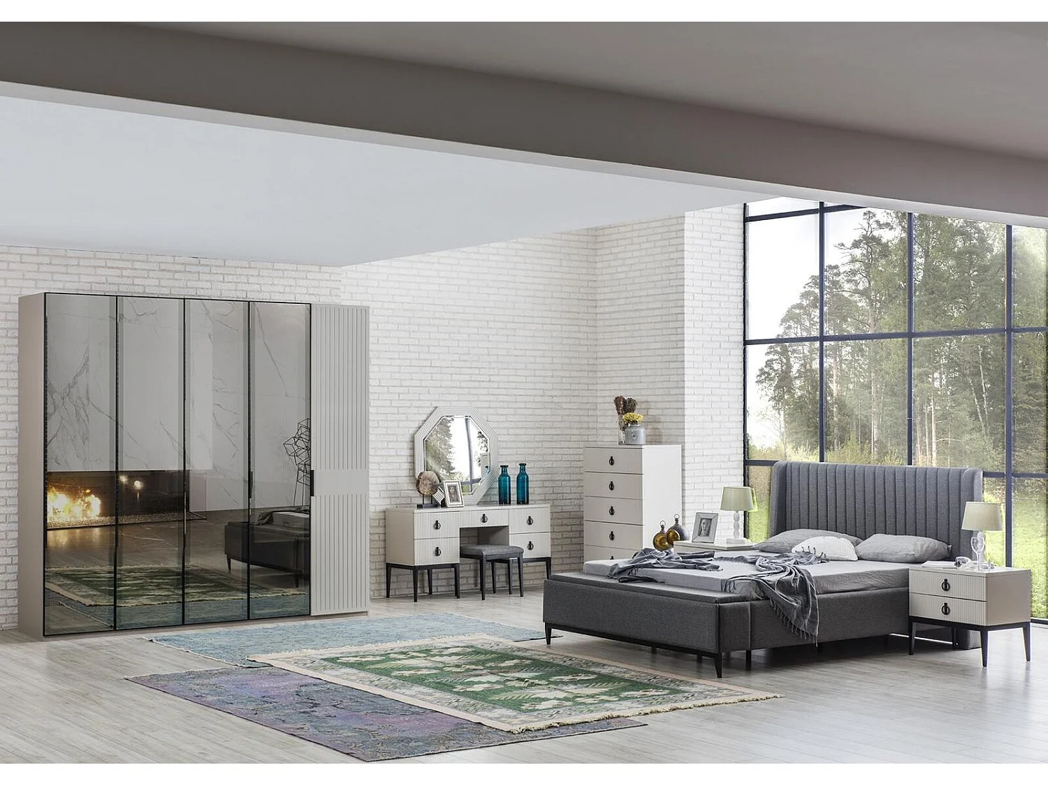 Schminktisch mit Spiegel Grauer Schlafzimmer JV Möbel Design Konsol Hocker Neu