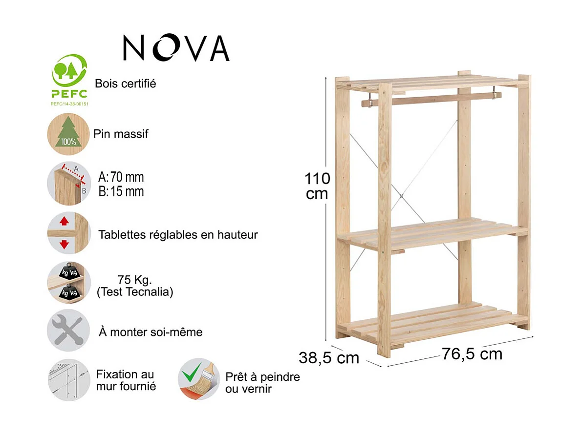 Penderie en pin massif Nova 76.5 x 38.5 x 110 cm