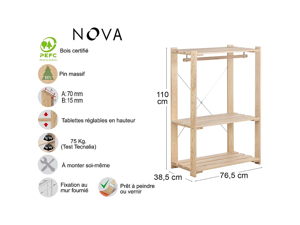 Penderie en pin massif Nova 76.5 x 38.5 x 110 cm