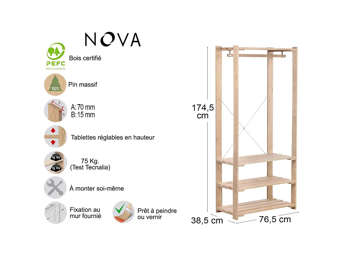 Penderie en pin massif Nova 76.5 x 38.5 x 174.5 cm