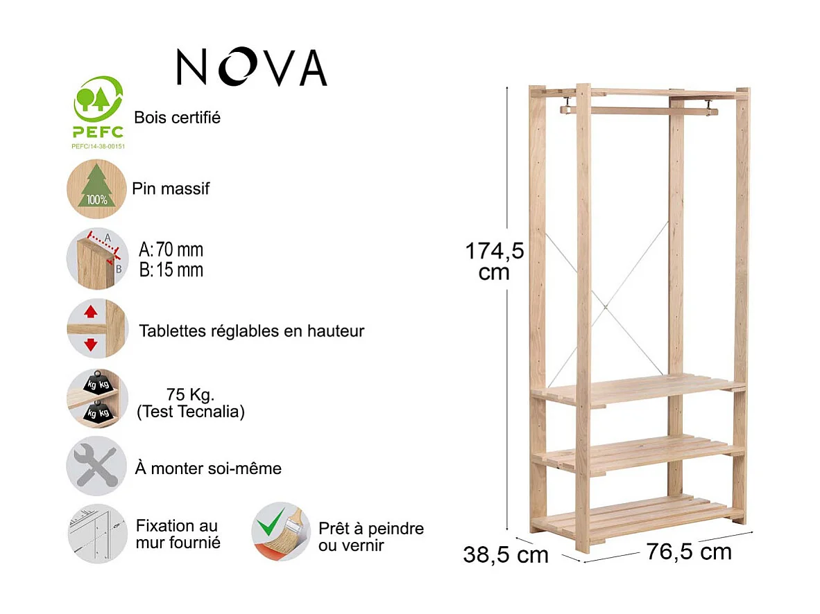 Penderie en pin massif Nova 76.5 x 38.5 x 174.5 cm