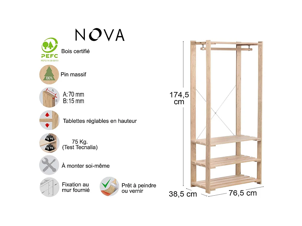 Penderie en pin massif Nova 76.5 x 38.5 x 174.5 cm