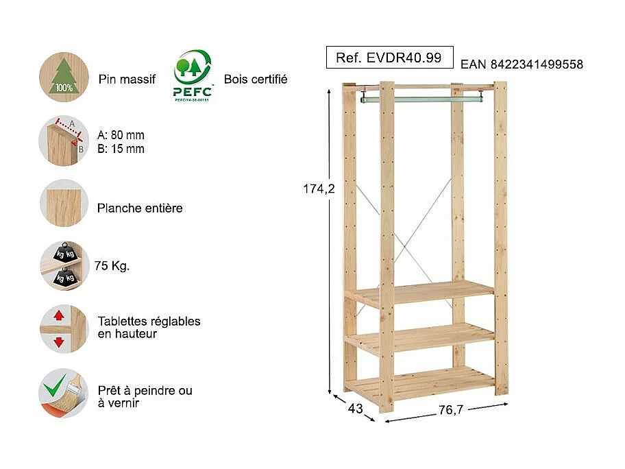 Penderie en pin massif Evolution Hauteur 174 cm