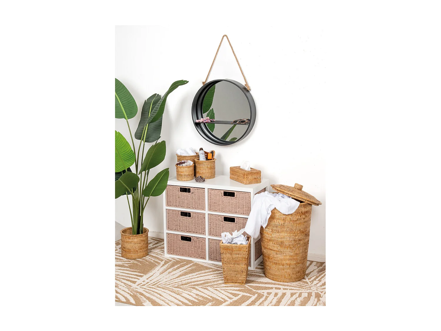 Petit meuble tiroirs en bois et papier cordé 6 tiroirs