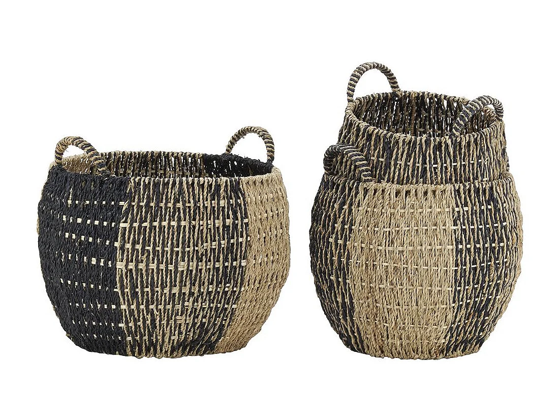 Corbeilles boules en jonc naturel et noir (lot de 3)