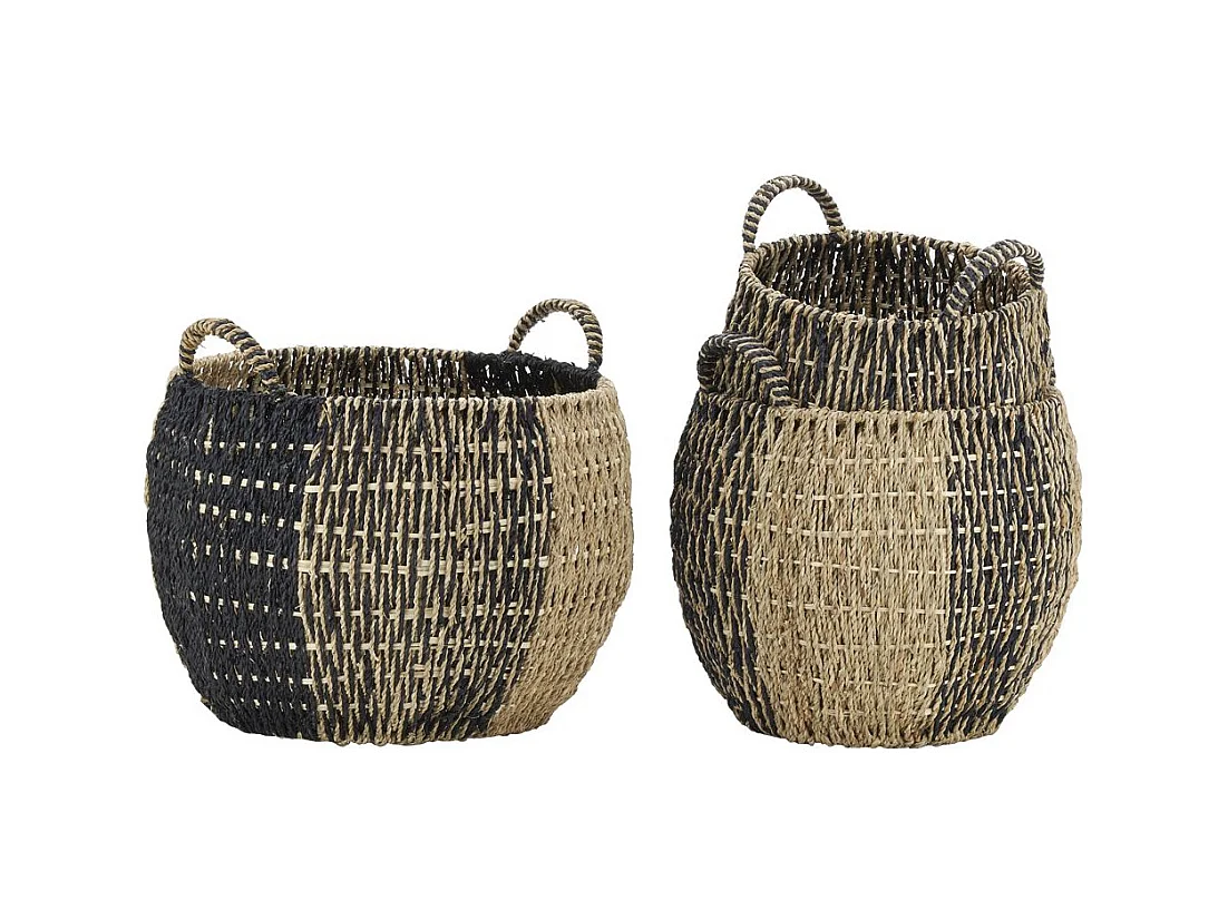 Corbeilles boules en jonc naturel et noir (lot de 3)