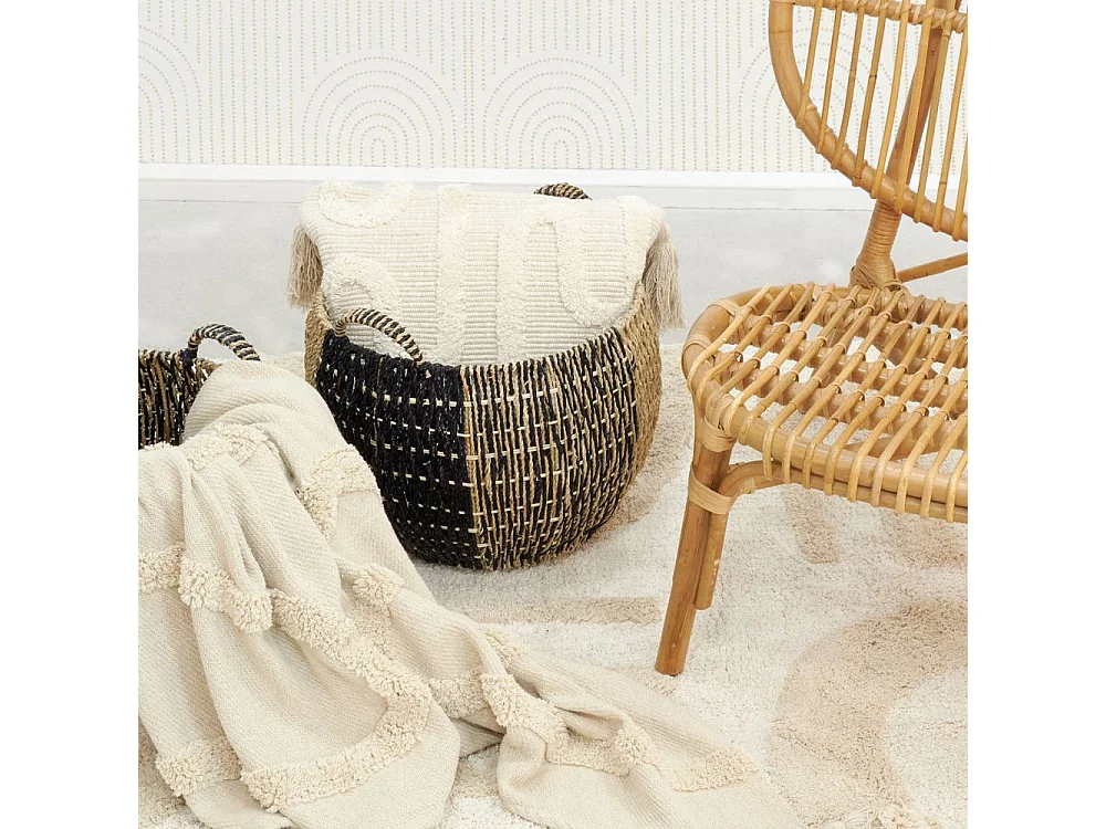 Corbeilles boules en jonc naturel et noir (lot de 3)