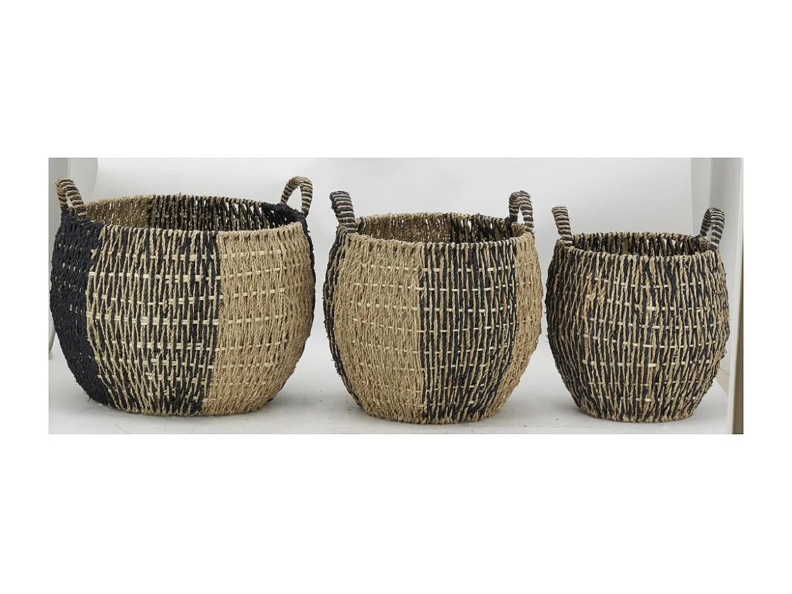 Corbeilles boules en jonc naturel et noir (lot de 3)