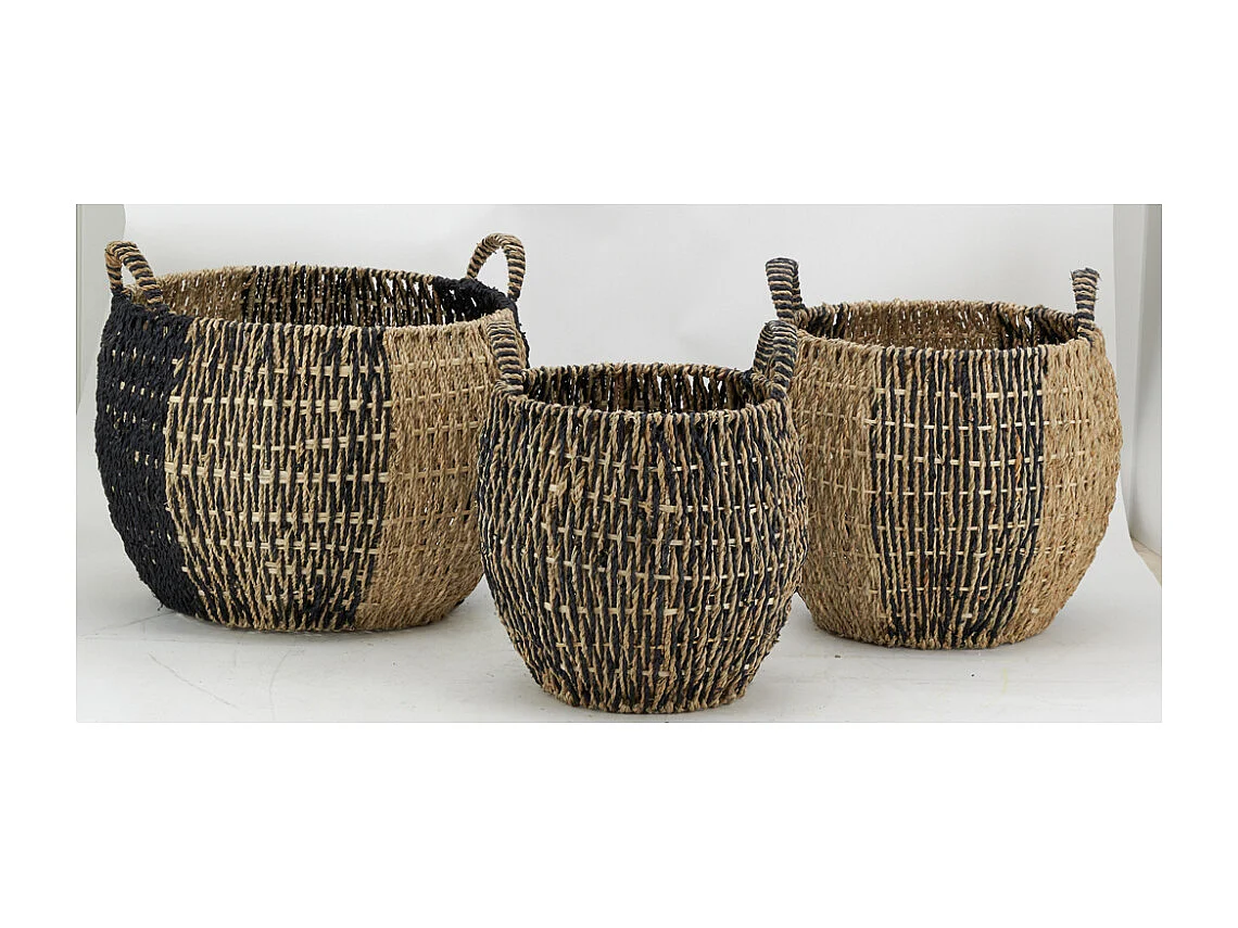 Corbeilles boules en jonc naturel et noir (lot de 3)