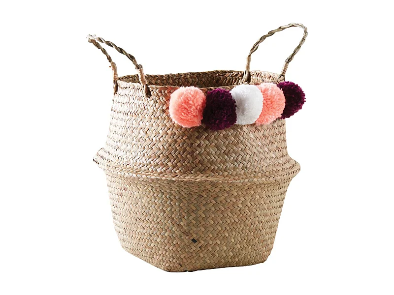 Panier rond en jonc naturel avec pompons Ponpons multicolores