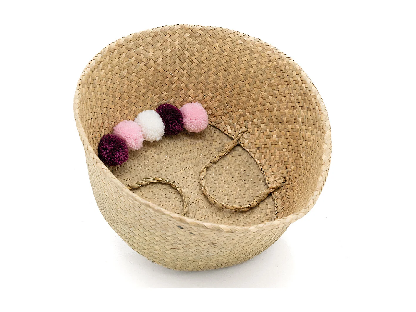 Panier rond en jonc naturel avec pompons Ponpons multicolores