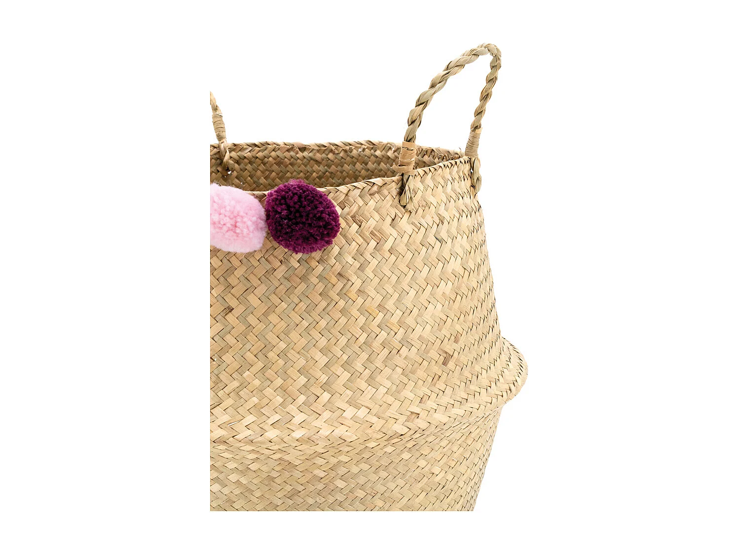 Panier rond en jonc naturel avec pompons Ponpons multicolores