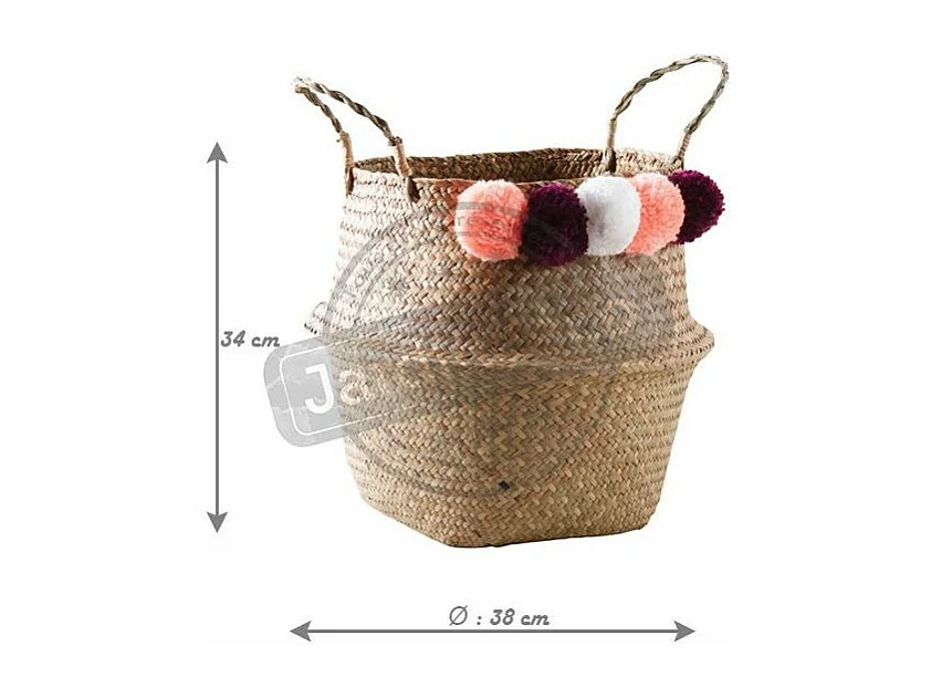 Panier rond en jonc naturel avec pompons Ponpons multicolores
