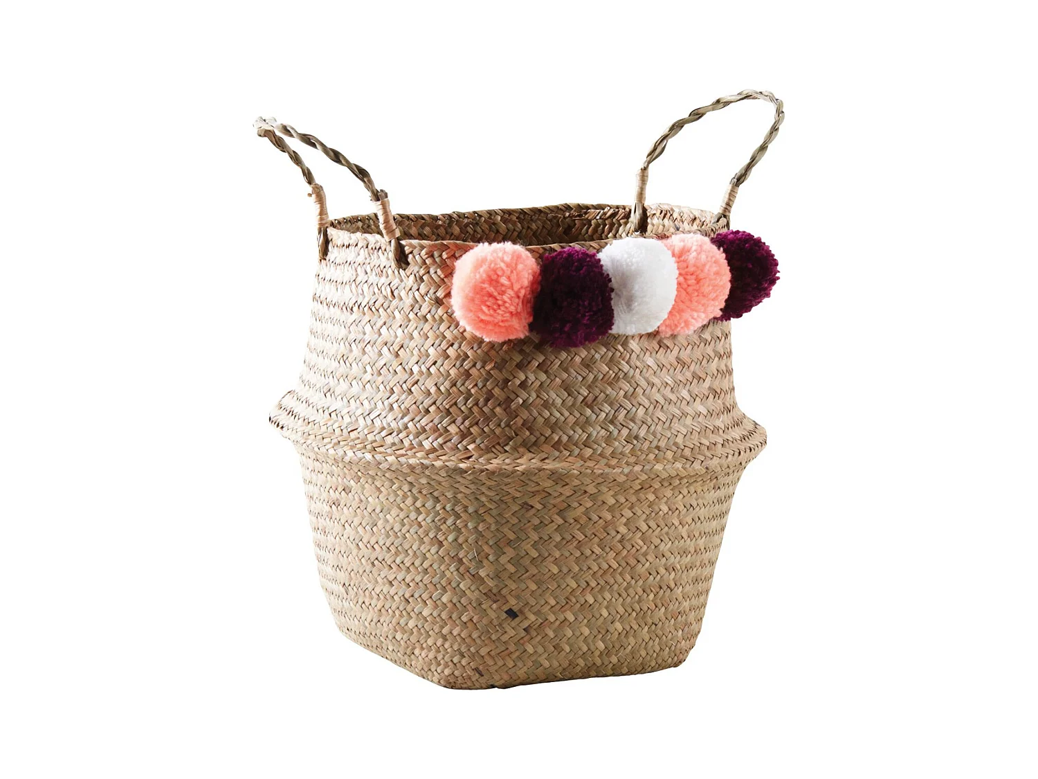 Panier rond en jonc naturel avec pompons Ponpons multicolores