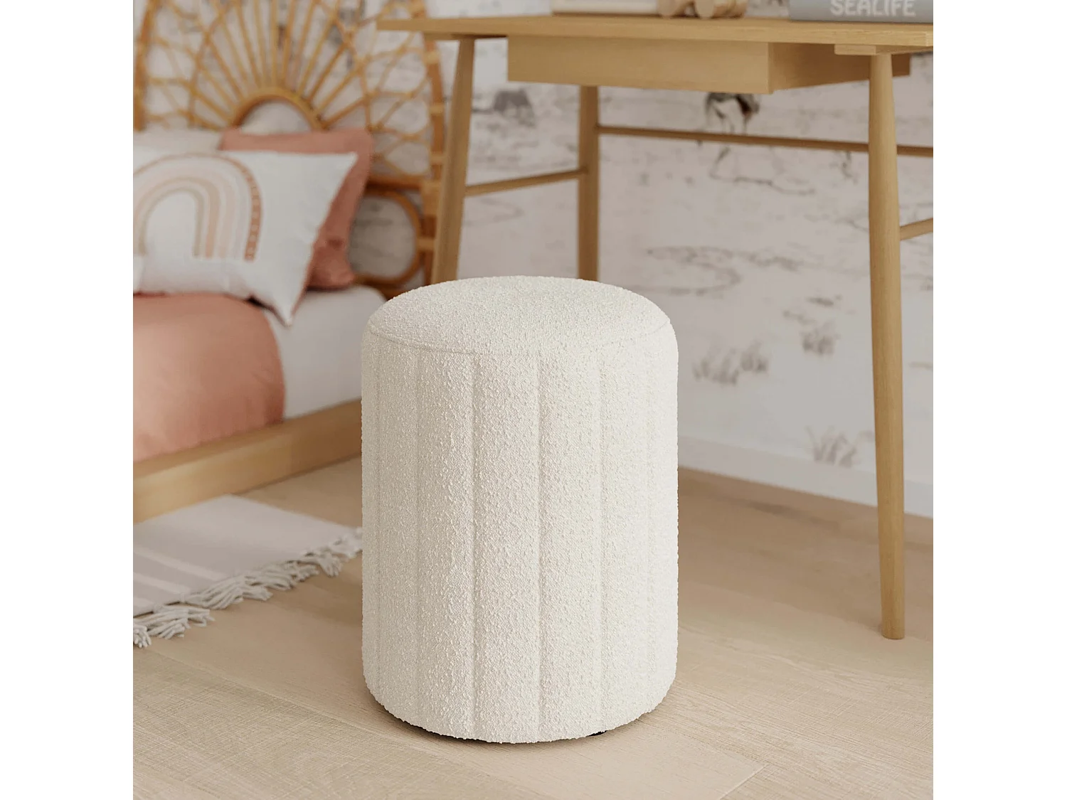 Pouf rond en tissu blanc bouclé - Eva