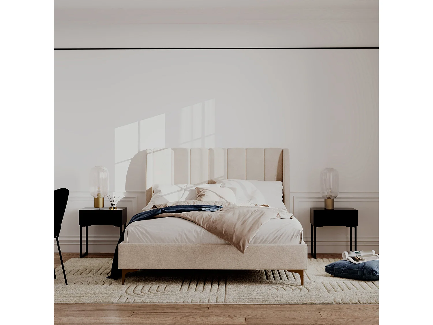 Cama de matrimonio de 140x190 cm en tejido beige con pies dorados - Koda