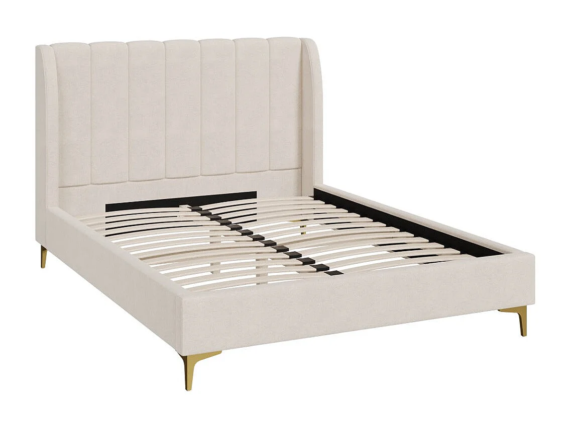 Cama de matrimonio de 140x190 cm en tejido beige con pies dorados - Koda