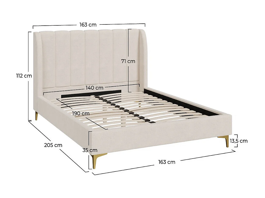 Letto matrimoniale 140x190 cm in tessuto beige con piedini dorati - Koda