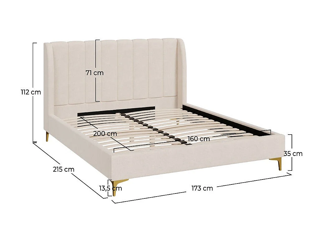 Lit double 160x200 cm en tissu beige et pieds doré - Koda
