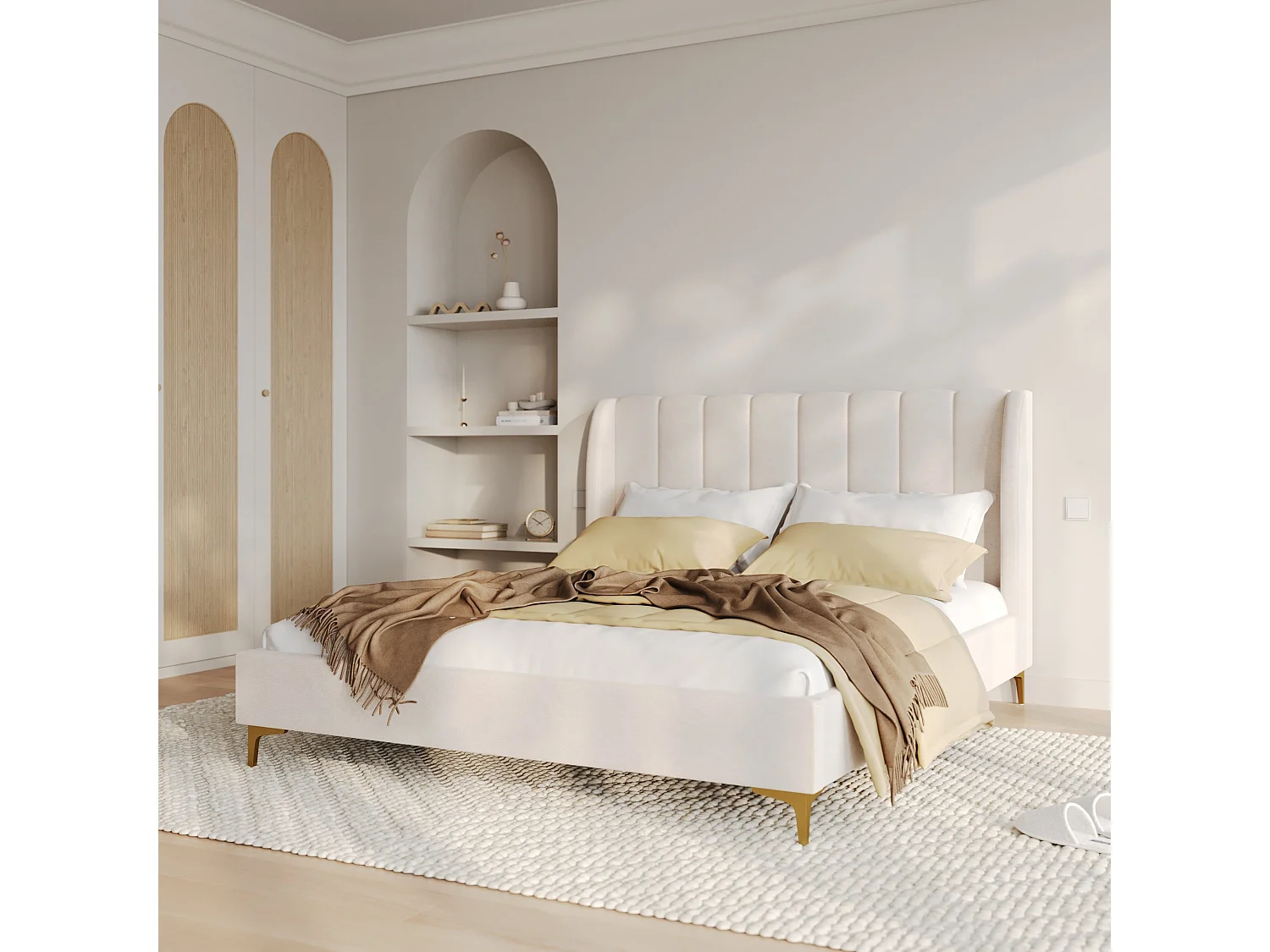 Lit double 160x200 cm en tissu beige et pieds dorés - Koda