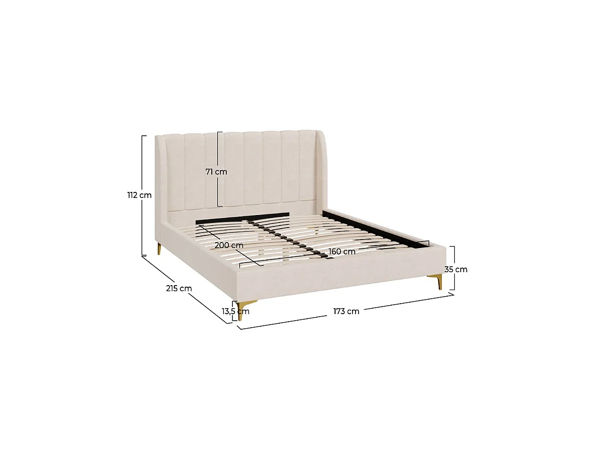 Lit double 160x200 cm en tissu beige et pieds dorés - Koda