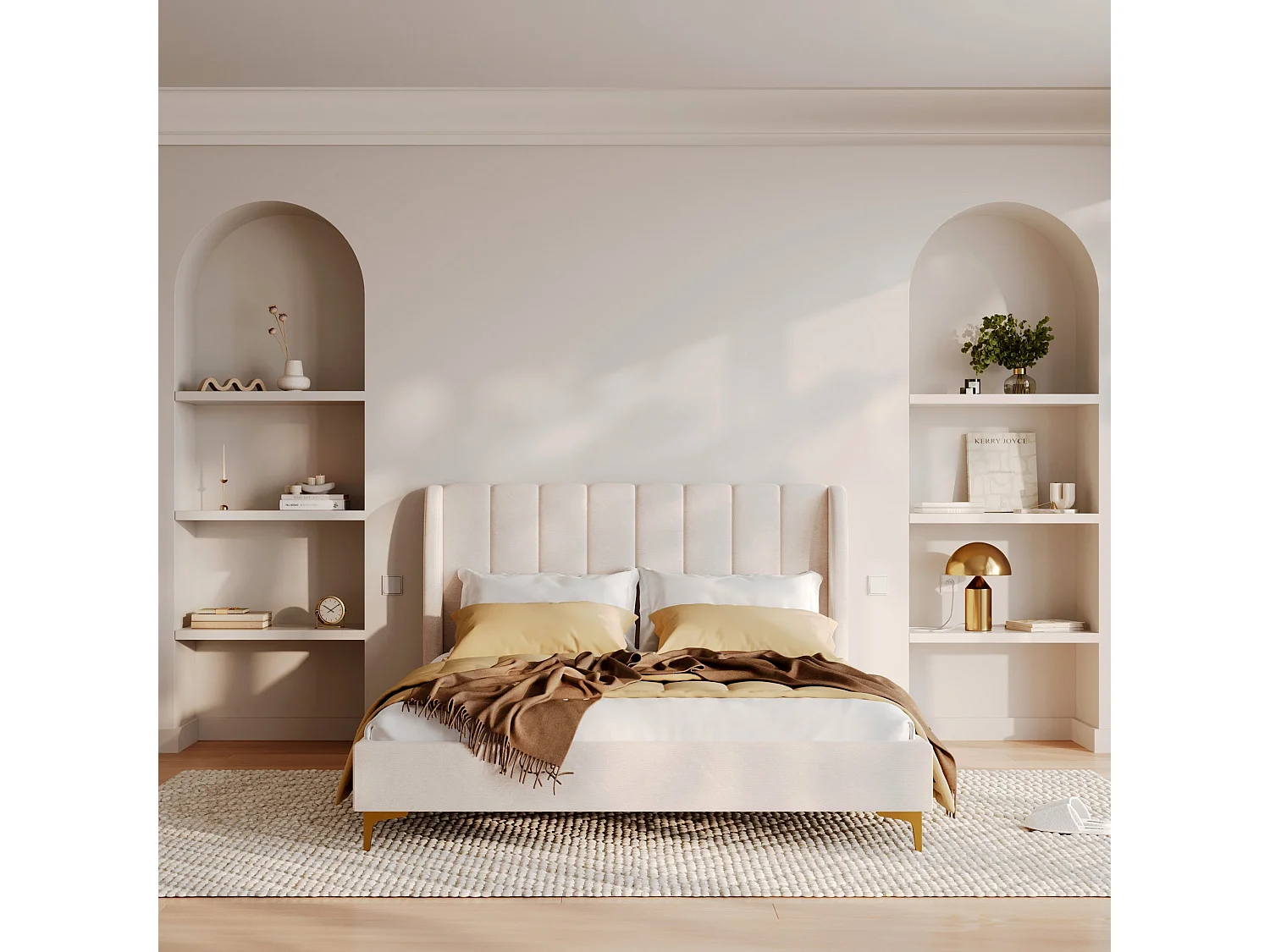 Lit double 160x200 cm en tissu beige et pieds dorés - Koda