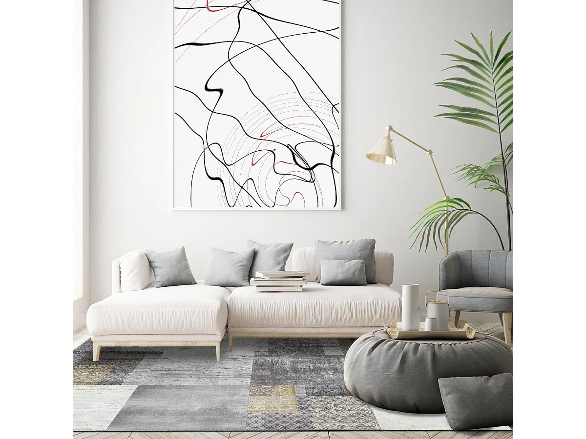 tapis couloir 80x250 tissé en coton gris et or rectangle motif damier CARRAL