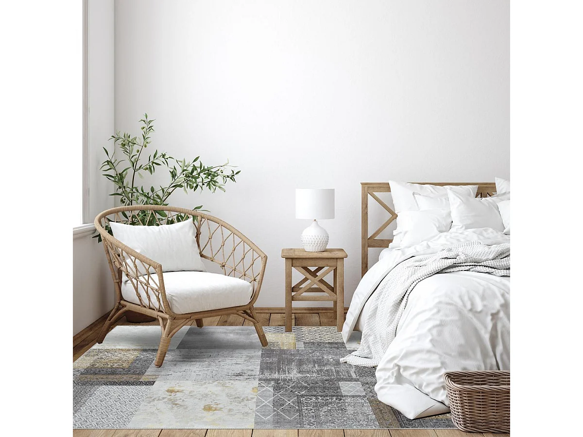 tapis couloir 80x250 tissé en coton gris et or rectangle motif damier CARRAL