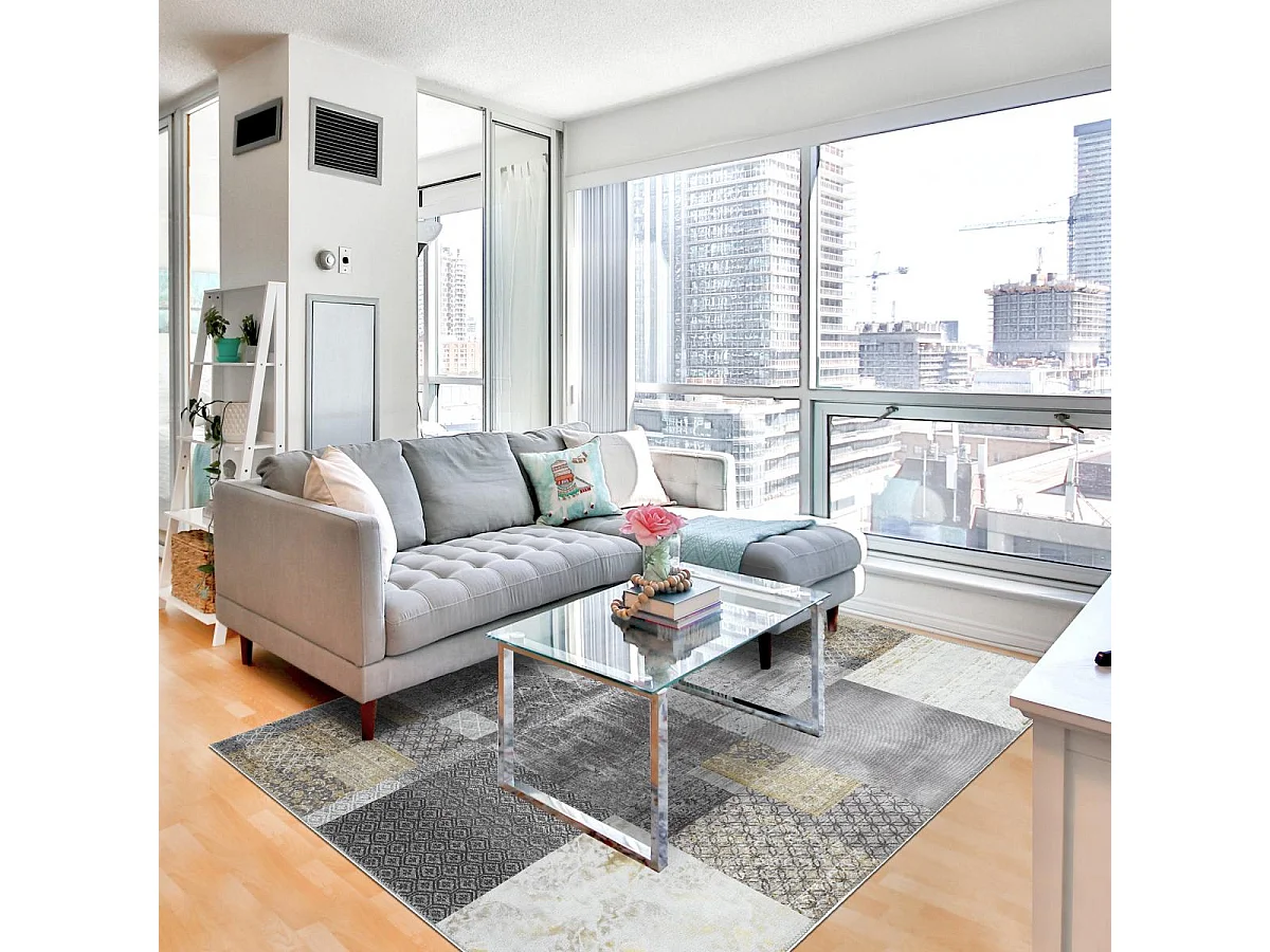 tapis couloir 80x250 tissé en coton gris et or rectangle motif damier CARRAL