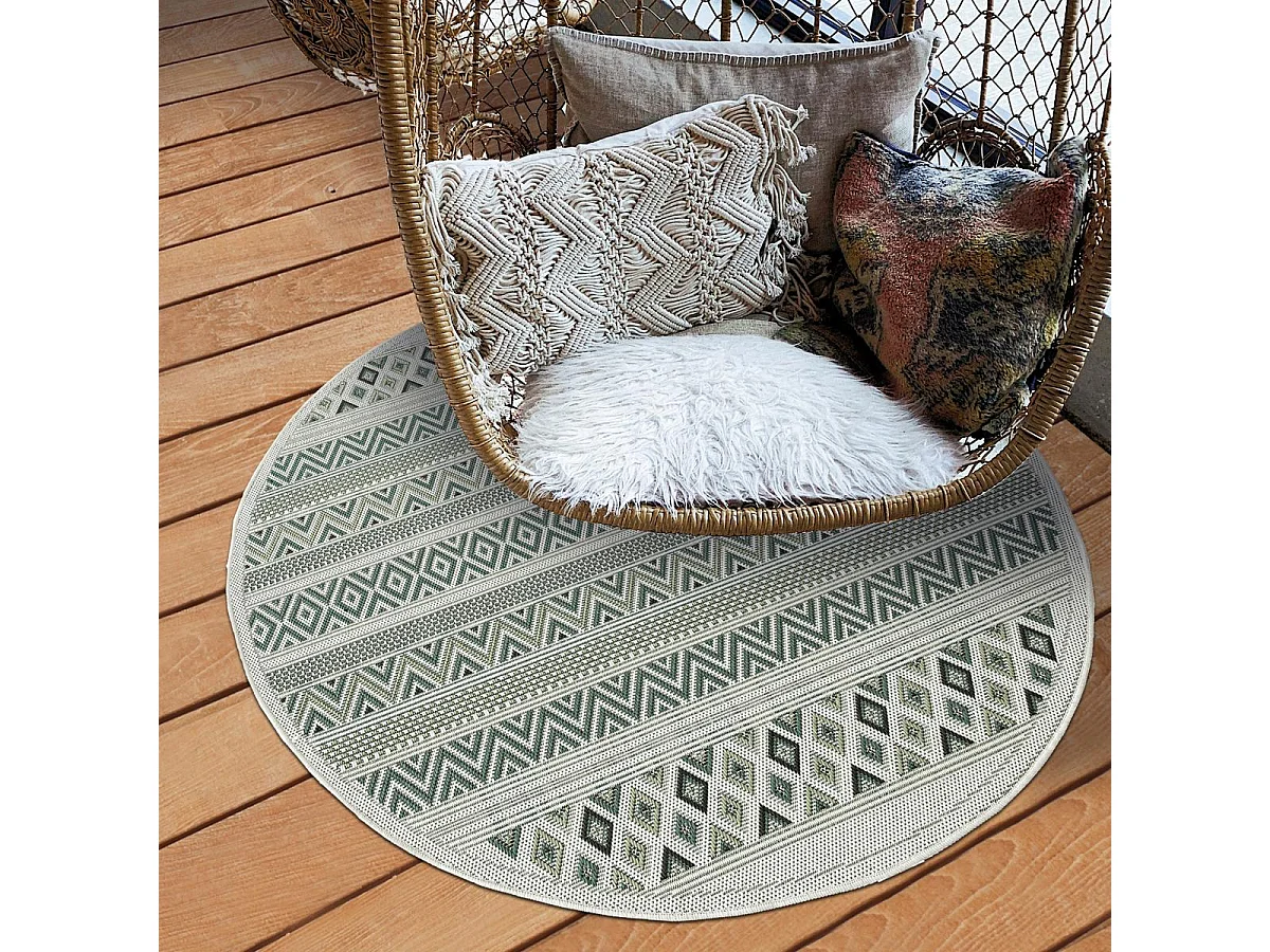 Tapis extérieur Ø160cm rond tissé kilim vert et vert clair RAYA