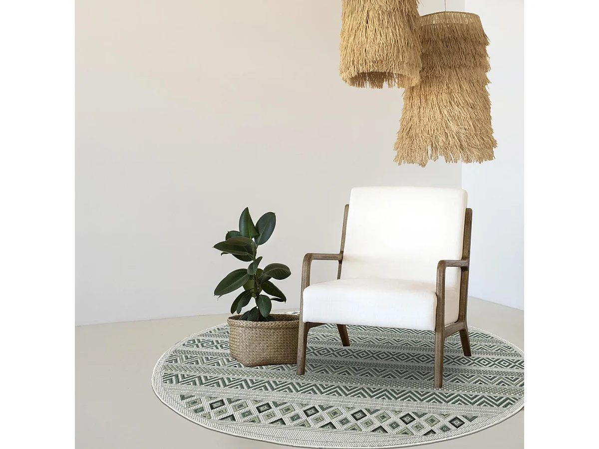 Tapis extérieur Ø160cm rond tissé kilim vert et vert clair RAYA