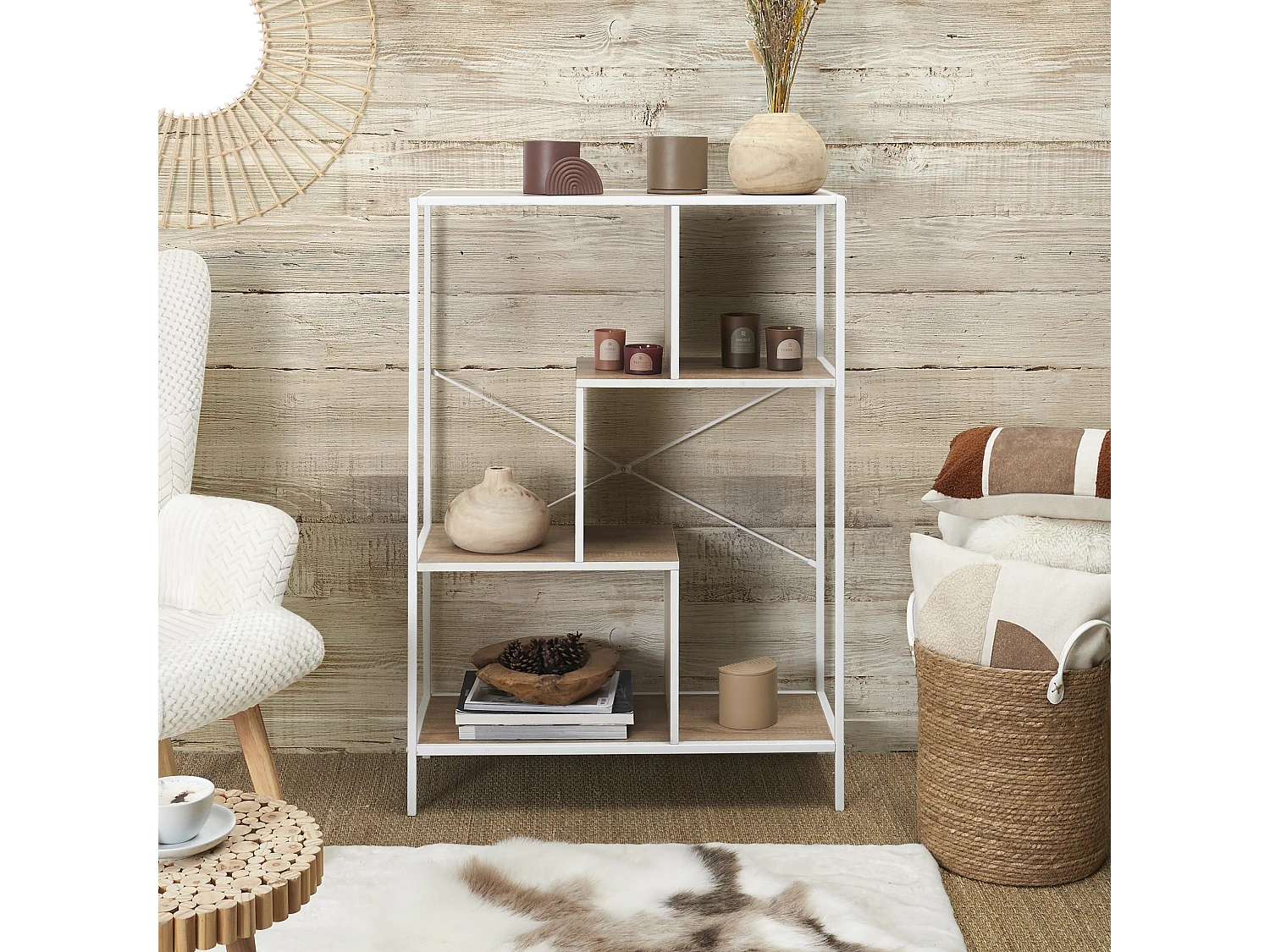 Etagere Edison Blanc 80x30x113cm Marron, Blanc