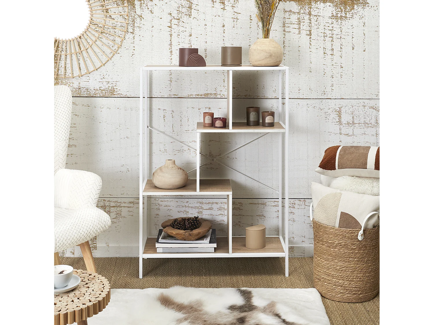 Etagere Edison Blanc 80x30x113cm Marron, Blanc