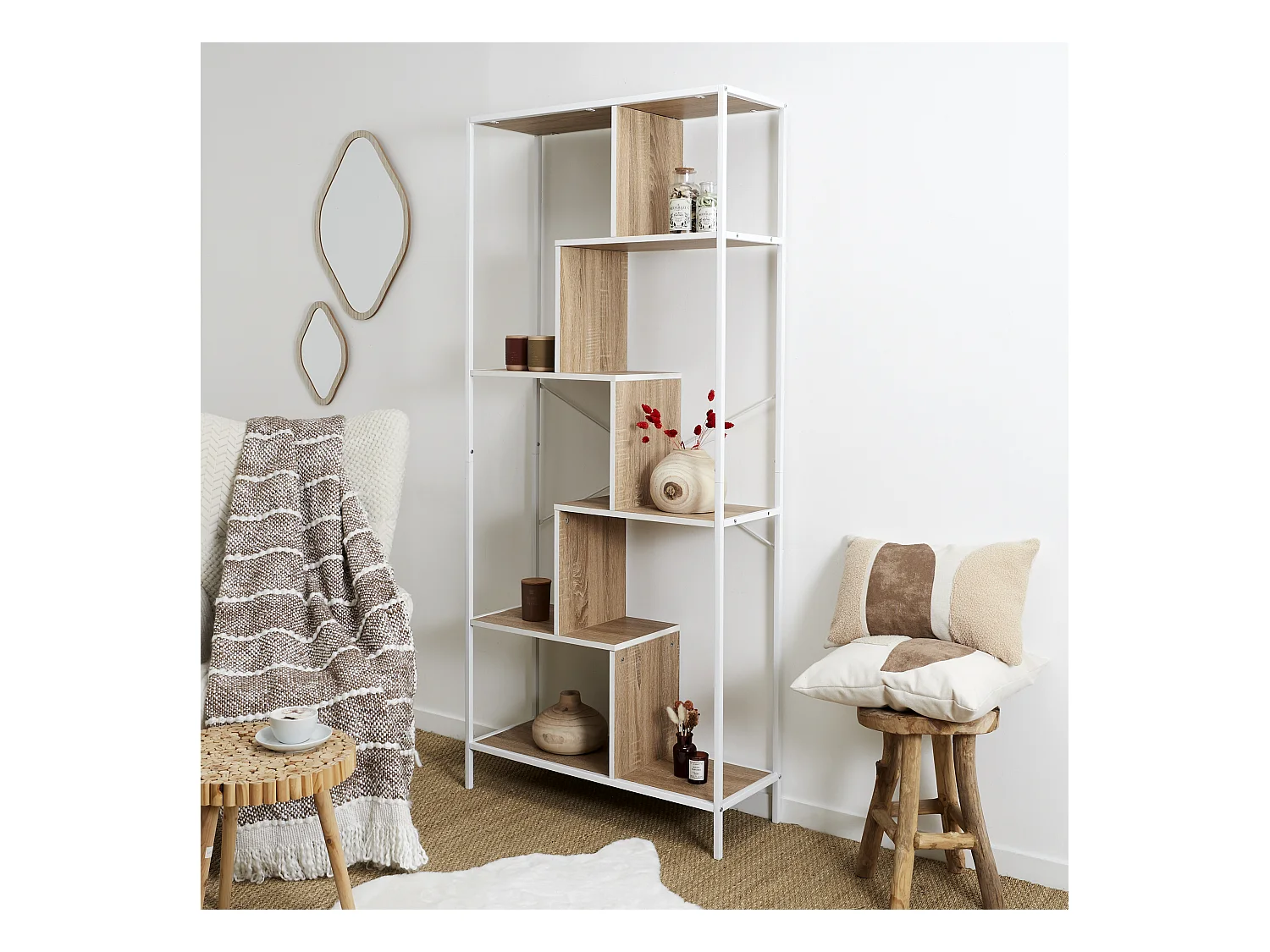 Etagere Edison Blanc 80x30x180cm Blanc, Marron
