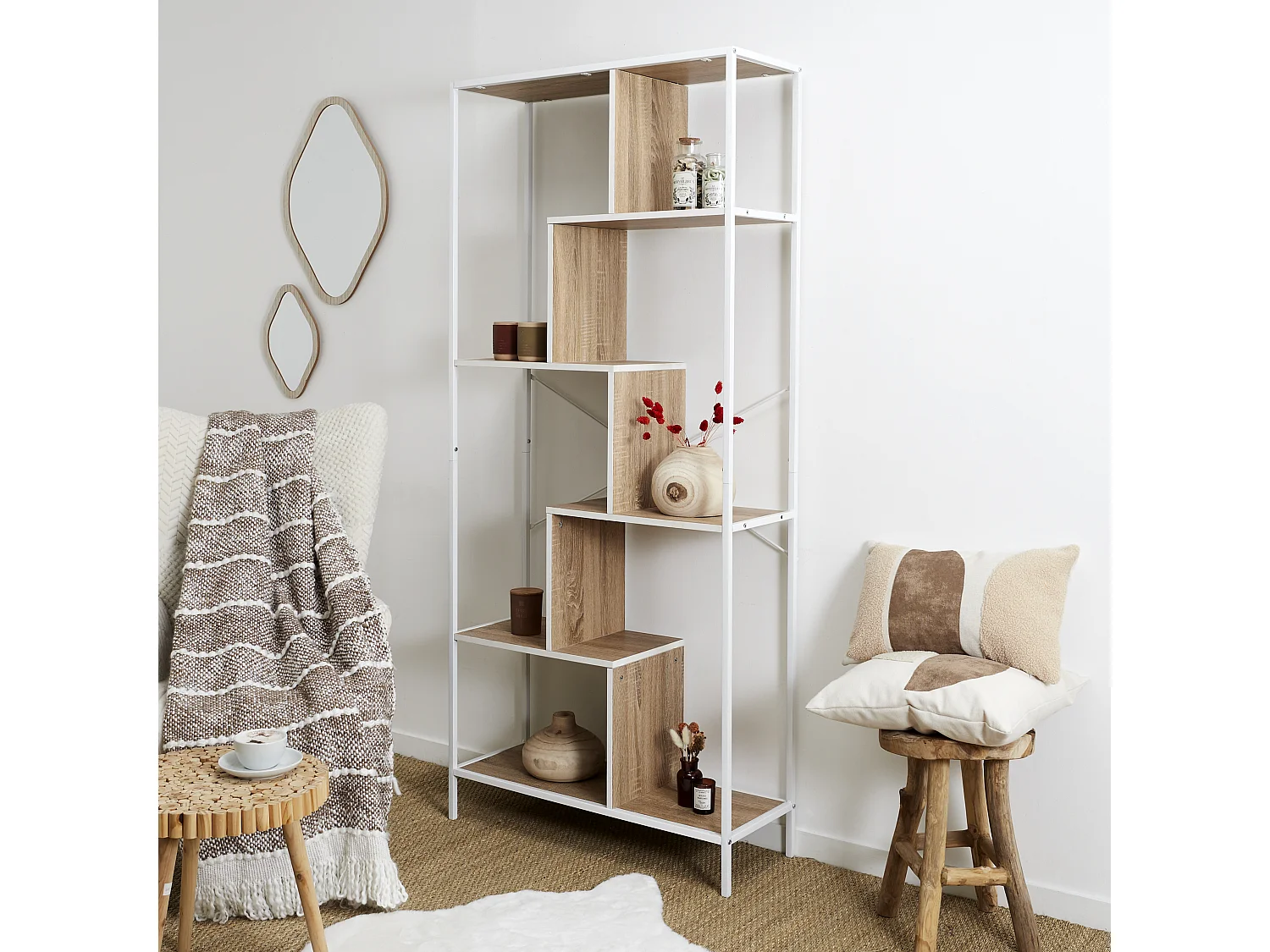 Etagere Edison Blanc 80x30x180cm Blanc, Marron