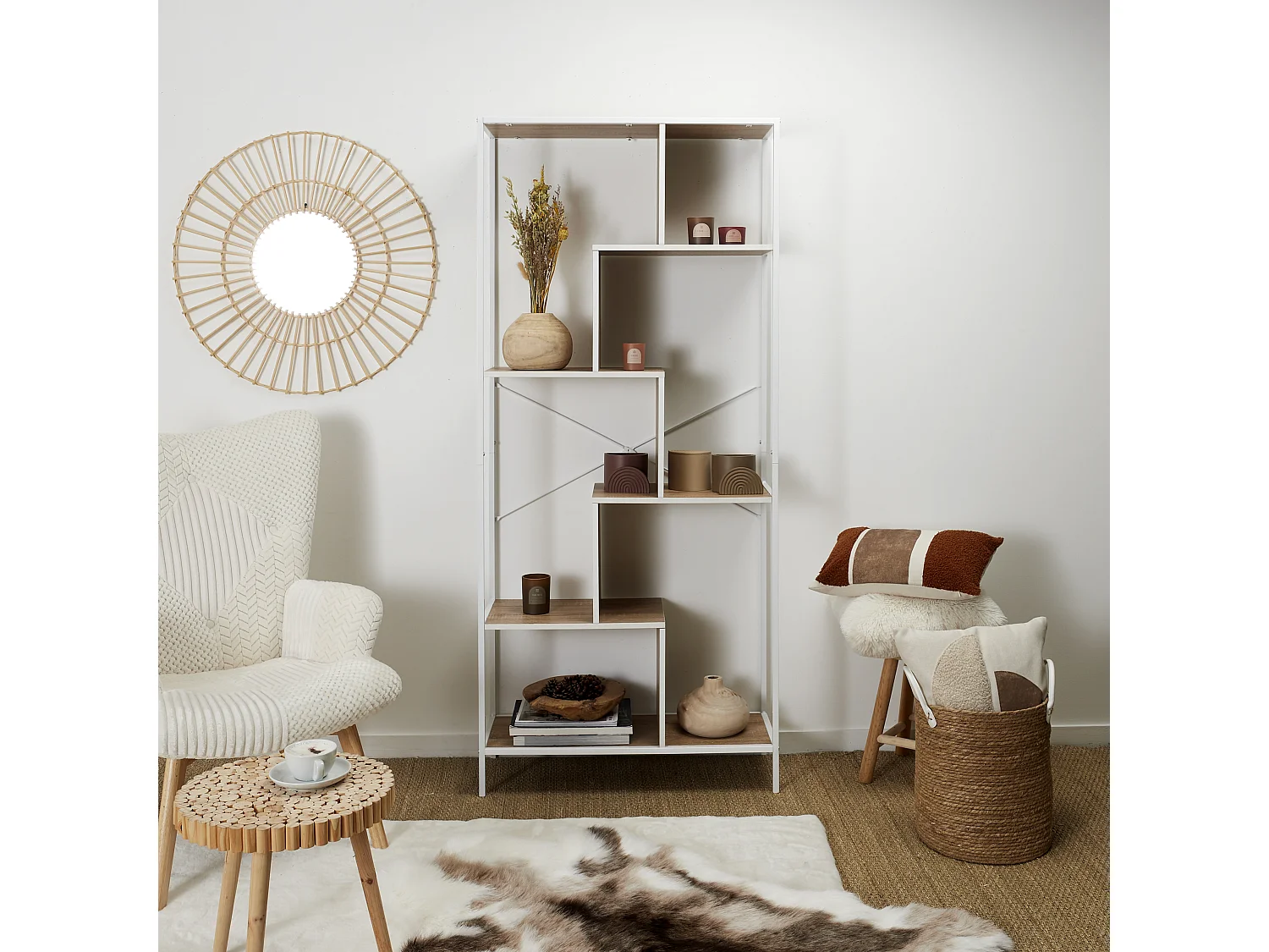 Etagere Edison Blanc 80x30x180cm Blanc, Marron